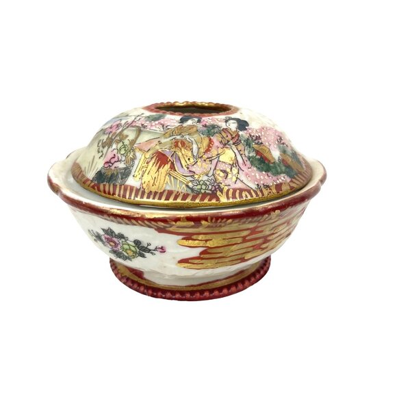 Antique Hand Painted Japanese Kutani Covered Rice Bowl With Lid Intricate Geisha - Picture 4 of 11